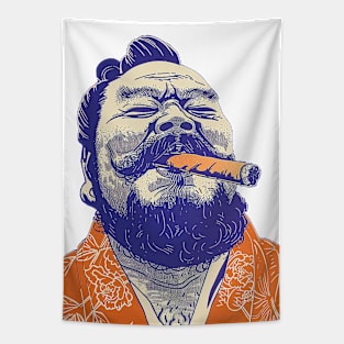 Puff Sumo: Smoking a Fat Robusto Cigar on a light (Knocked Out) background Tapestry