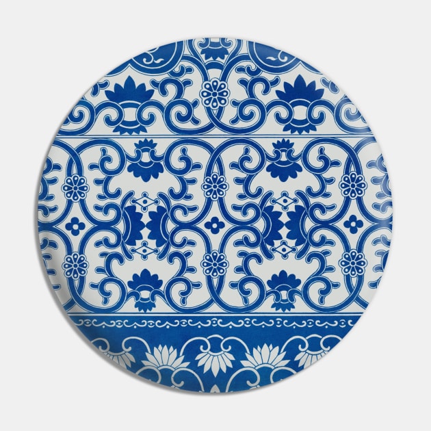 Blue and White Chinese Floral Ornamental Pattern Pin by AJDesignsstuff