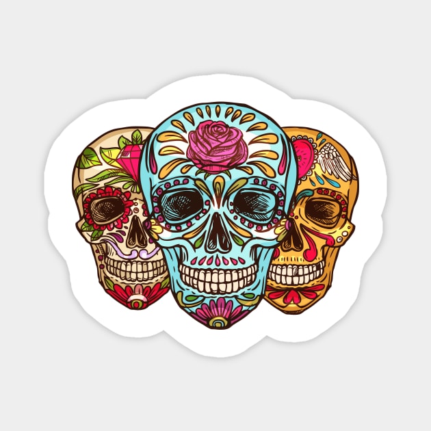 Three Colorful Skulls Art Design Magnet by Creativity Haven