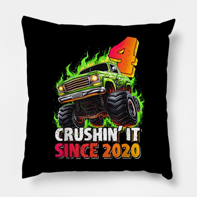 Monster Truck 4 Year Old Boys 4th Birthday Party Born 2020 Pillow by elmiragokoryan