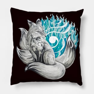 Silver Kitsune with Aqua Foxfire Pillow