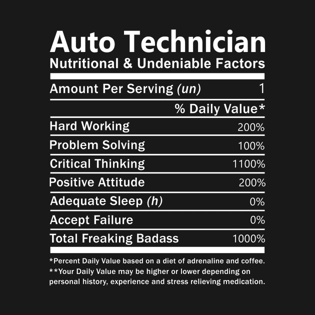 Auto Technician T Shirt - Nutritional and Undeniable Factors Gift Item Tee by Ryalgi