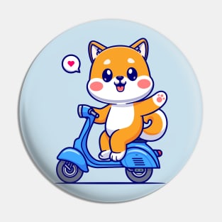 Cute Shiba Inu Waving Hand On Scooter Cartoon Pin