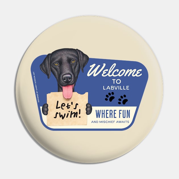 Fun black lab with let's swim sign in Labville, USA Pin by Danny Gordon Art