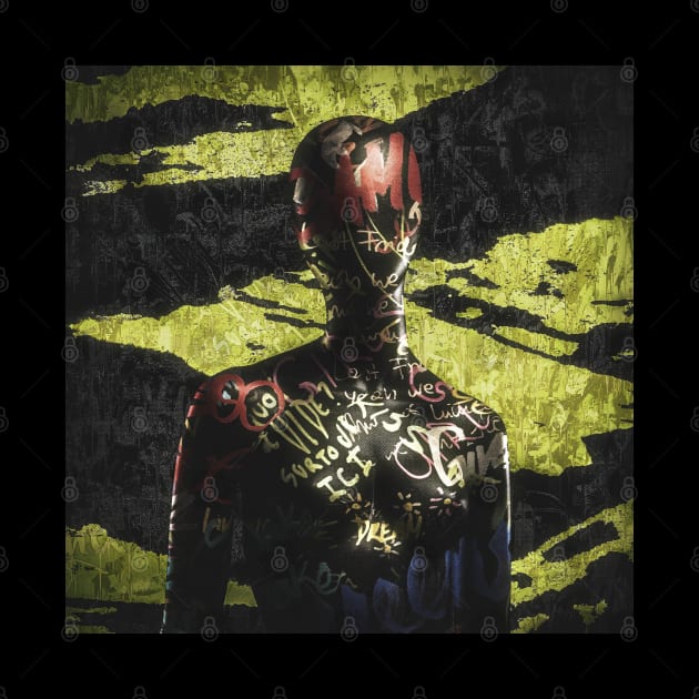 The Dummy // Mannequin covered with graffiti tags. Black and yellow camouflage background by MSGCNS