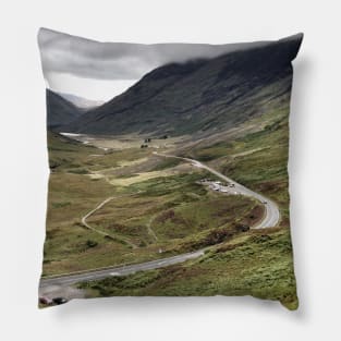 The A82 road sweeps through Glencoe, Highlands of Scotland Pillow