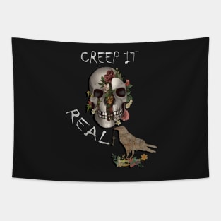 Halloween Funny Quote, Creep It Real Graphic Art Design Raven & Skull Tapestry