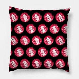 White pagoda on a red circle with storks pattern Pillow