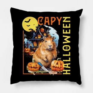 CAPY HALLOWEEN, CAPYBARA, PUMPKINS, BATS & HAUNTED HOUSE Pillow