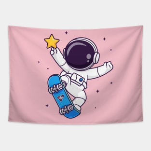 Cute Astronaut Playing Skateboard With Star Cartoon Tapestry