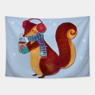 Winter squirrel drinking coffee - Cute winter Tapestry