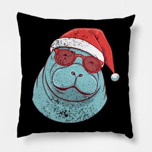 manatee in a Christmas hat distressed Pillow