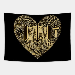 A hand-drawn heart, the Bible, the journey from creation to redemption Tapestry