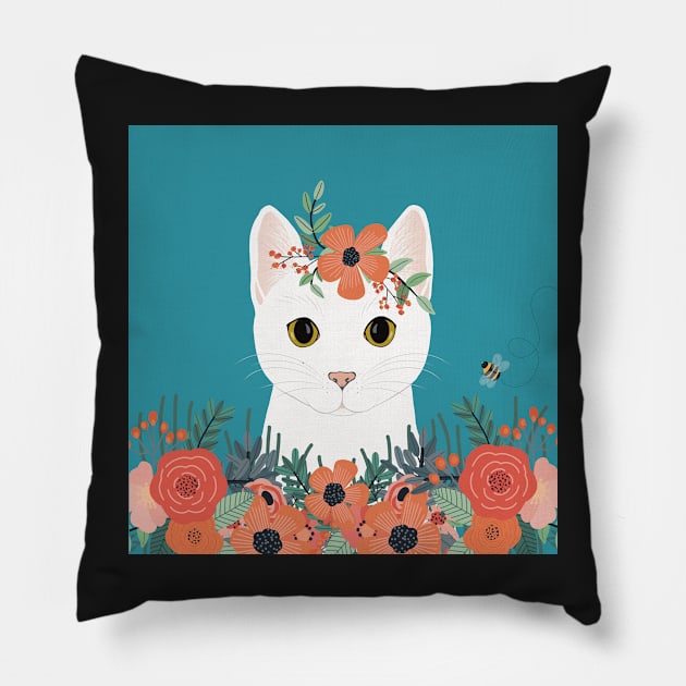 The cute white cat queen is watching you from the flowerbed Pillow by marina63