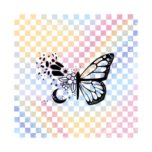 Butterfly drawing on Pastel Checkerboard T-Shirt