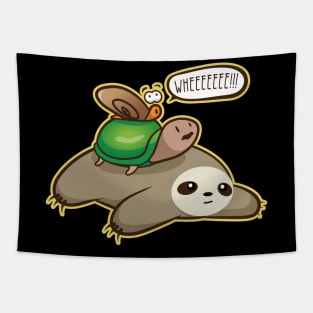'Sloth-Turtle-Snail Piggyback' Funny Racing Animal Tapestry