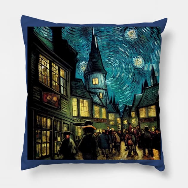 Starry Night in Diagon Alley Pillow by Grassroots Green