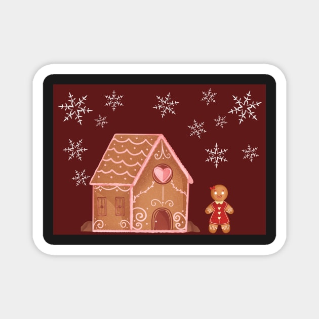 Festive gingerbread house and woman Magnet by LukjanovArt