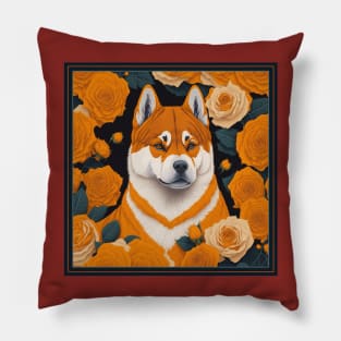 Dogs, akita inu and flowers, dog, seamless print, style vector (yelloow version 2 akita-inu, hachi) Pillow