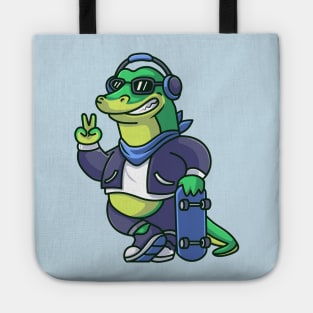 Cute Cool Crocodile With Skateboard And Wearing  Headphone Cartoon Tote