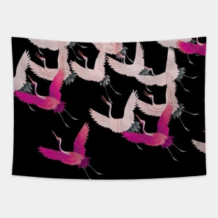 PINK FUCHSIA WHITE FLYING CRANES IN BLACK Japanese Pattern Tapestry