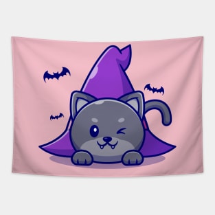 Cute Witch Cat Laying Under Witch Hat Cartoon Tapestry