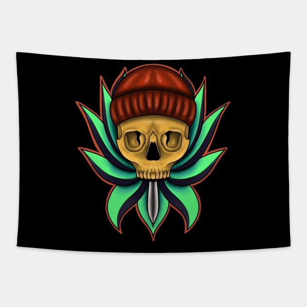 Skull with Hat in Lotus flower Tapestry by Print Art Station