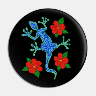 Tribal Lizard & Hibiscus Flowers Pin