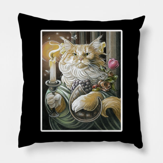 Candle Light Cat - White Outlined Version Pillow by Nat Ewert Art