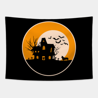 Halloween Corgi Silhouette - Haunted House Tapestry