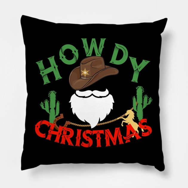 Howdy Christmas-Retro Western Santa Christmas 2023 Pillow by ARTSYVIBES111