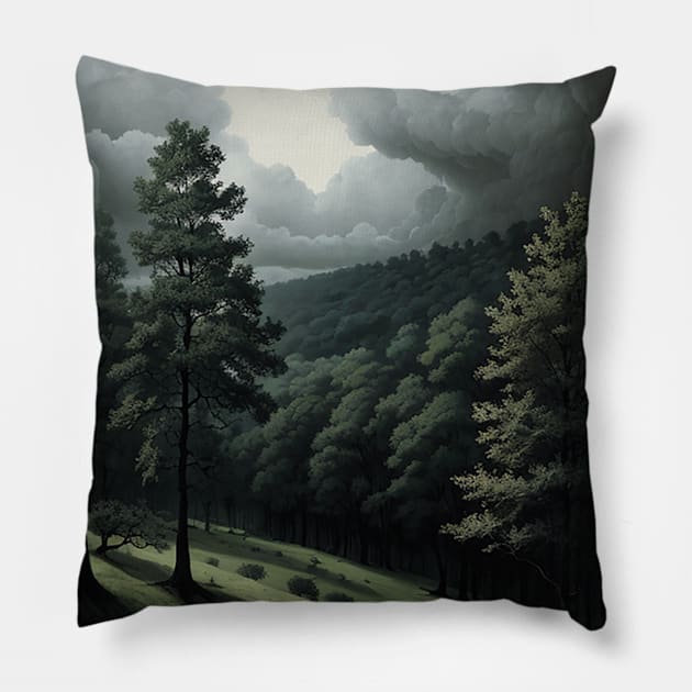 Cool Summer Morning in a Pine Forest Pillow by CursedContent