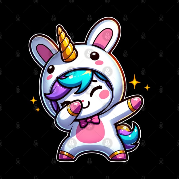 Cute Kawaii Dabbing Unicorn Wearing Easter Bunny Costume by Odetee