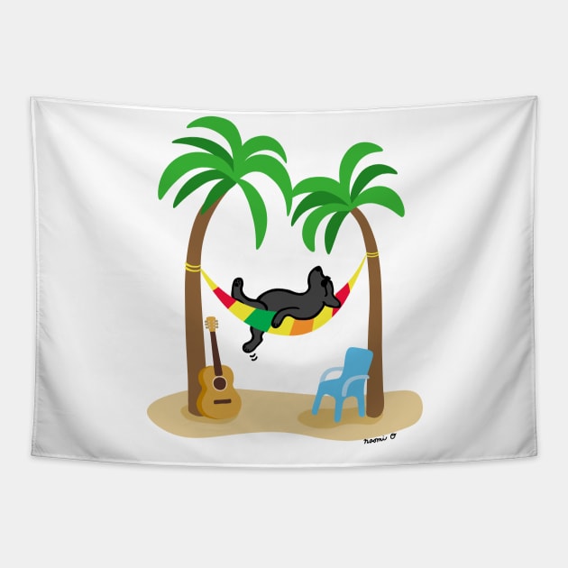 Black Labrador Under Palm Trees Tapestry by HappyLabradors