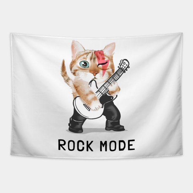 rock mode slogan with cute cat playing guitar Tapestry by Linna-Rose