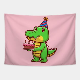 Cute Crocodile Holding Birthday Cake Cartoon Tapestry