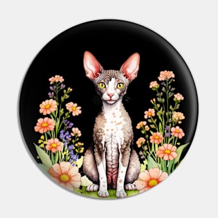 Cornish Rex Cat and Flowers Pin