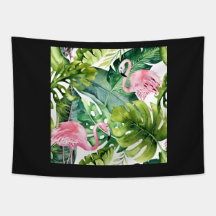 Watercolor Pink Flamingo + Tropical Foliage Pattern Tapestry