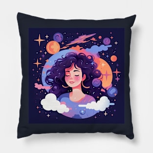 Woman with sweet dreams concept Young girl with galaxy and universe at hairs Pillow