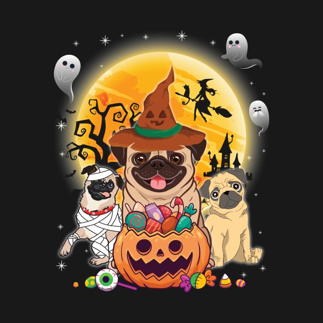 Pug Dog Mummy Witch Moon Ghosts Happy Halloween Thanksgiving Merry Christmas Day by joandraelliot