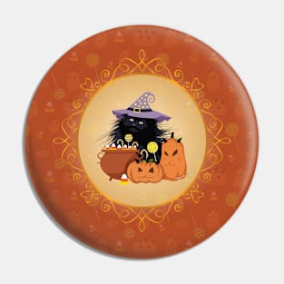 Black Cat Salem Halloween Orange Pin