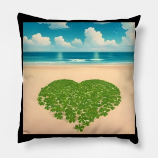 Heart Shaped Four Leaf Clover Patch On Beach 5 Pillow