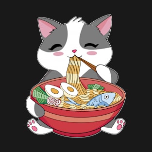 Cat Eating Ramen Anime Neko Kawaii Japanese Cartoon T-Shirt