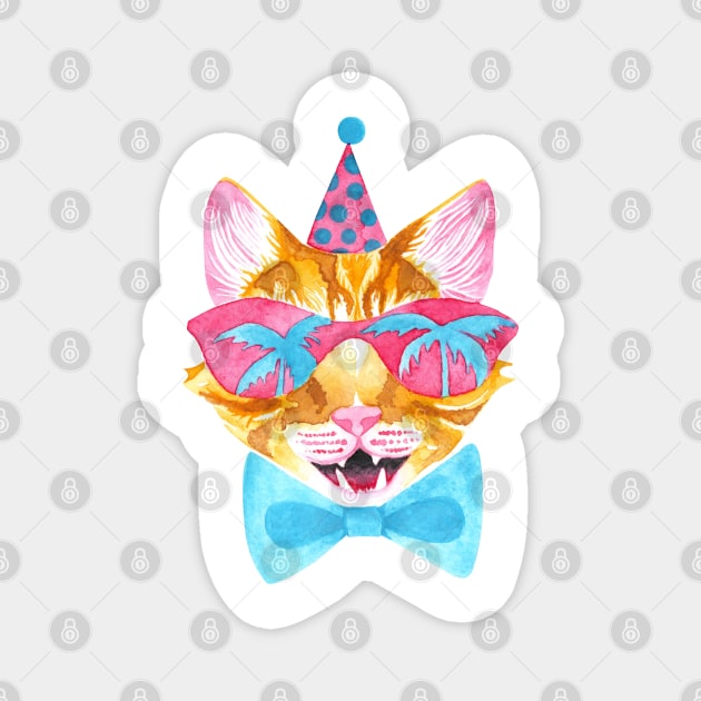 Miami Cat in Sunglasses with Palm Tree Reflections, Bowtie and a Party Hat Magnet by Katie Thomas Creative