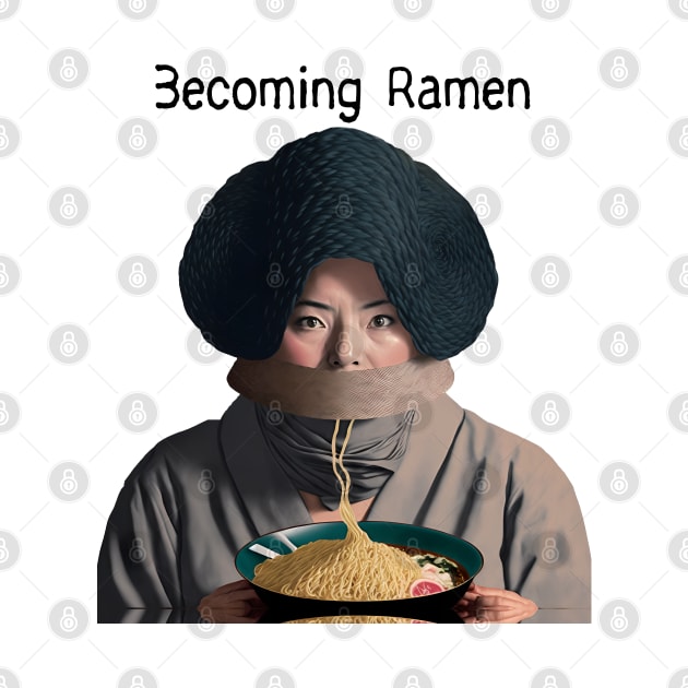 Becoming Ramen No. 2 -- Asian woman eating a bowl of ramen noodles wearing a stylish avant-garde hat by Puff Sumo