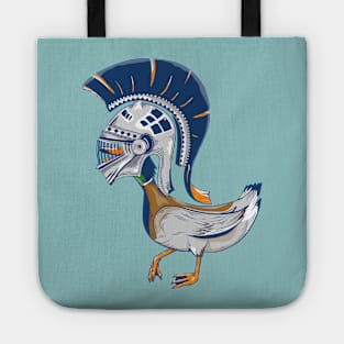 Duck wearing ancient Greek warriors helmet Tote