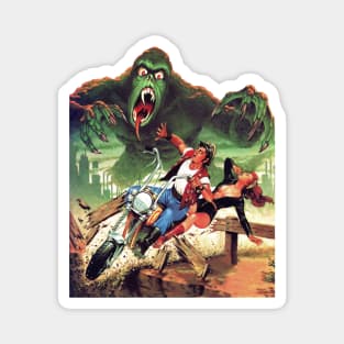 REVISTANGO #74 - The Monster from the Smoke—Biker Couple Escaping Green Creature over Broken Bridge in 1970s Vintage Pulp Horror Illustration of Fear, Motion, and Retro Terror Magnet