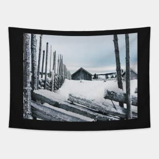 Wooden Fence and Cabin in White Norwegian Winter Landscape Tapestry