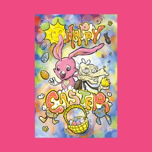 HAPPY EASTER with Cartoony Old Man Joe & the CUTEST Easter Bunny EVER Hand Drawn One of a Kind Art T-Shirt