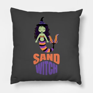 Mermaid Sand Witch Halloween Pun Pillow